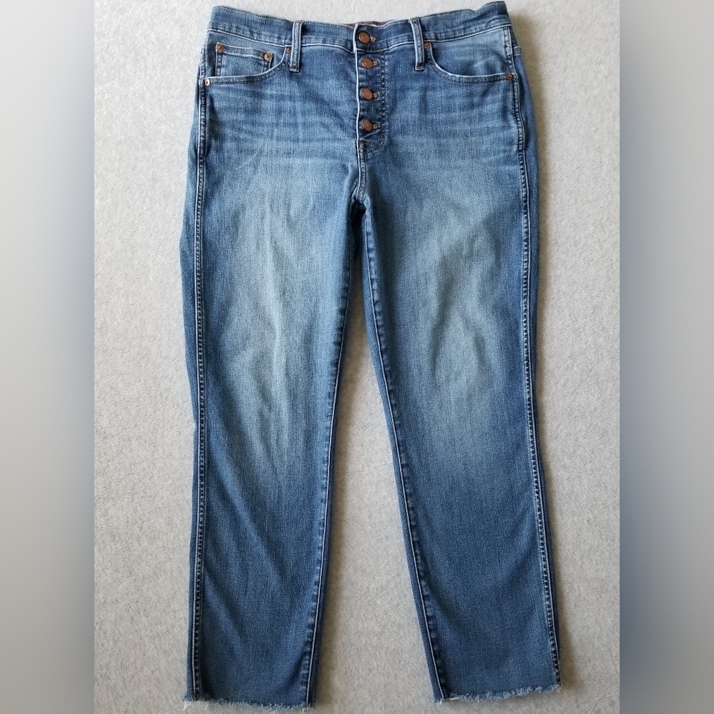 J Crew 9" MidRise Vintage Straight Jeans Button Fly Moto Raw Hem Staple Norm 32T